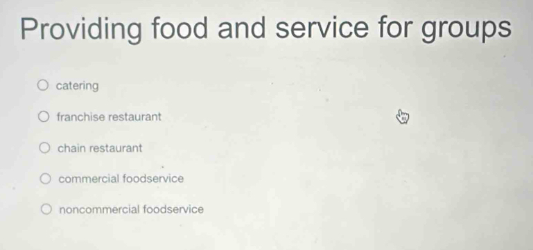 Providing food and service for groups
catering
franchise restaurant
chain restaurant
commercial foodservice
noncommercial foodservice