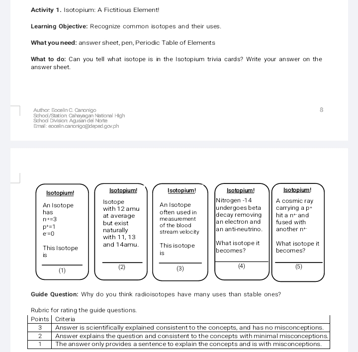 Activity 1. Isotopium: A Fictitious Element! 
Learning Objective: Recognize common isotopes and their uses. 
What you need: answer sheet, pen, Periodic Table of Elements 
What to do: Can you tell what isotope is in the Isotopium trivia cards? Write your answer on the 
answer sheet. 
Author: Eocelin C. Canonico 
8 
Schoo/Station: Cahayagan National High 
School Division: Agusan del Norte 
Emall: eocelin.canonigo@deped.gov.ph 
Isotopium! Isotopium! I soto pium ! I s o to pium ! Isotopium! 
An I sotope Isotope 
Nitrogen - 14 A cosmic ray 
has with 12 amu An Isotope 
undergões beta carrying a p+ 
at average often used in 
decay removing hit a n^+ and
n^+=3 but exist of the blood me asurement an electron and fused with
p^+=1 naturally stream velocity an ánti-neutrino. another n^+
e=0 with 11, 13
This I sotope and 14amu. This isotope What isotope it What isotope it 
becomes? becomes? 
_ 
is 
is 
_ 
_ 
_ 
(1) (2) (3) (4) (5) 
Guide Question: Why do you think radioisotopes have many uses than stable ones? 
Rubric for rating the guide questions. 
Points Criteria 
3 Answer is scientifically explained consistent to the concepts, and has no misconceptions. 
2 Answer explains the question and consistent to the concepts with minimal misconceptions. 
1 The answer only provides a sentence to explain the concepts and is with misconceptions.