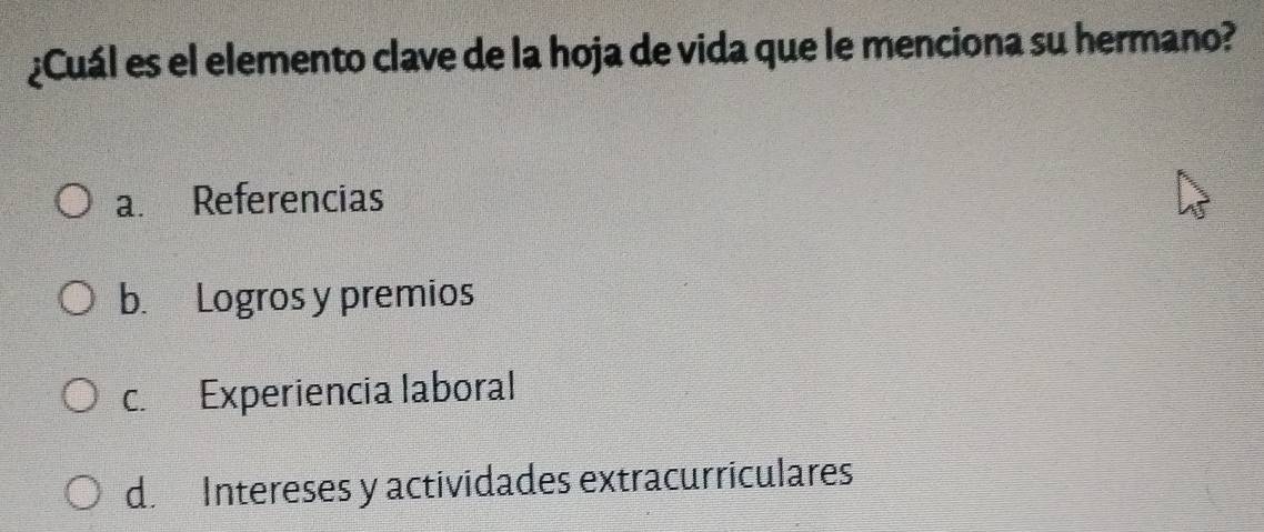 ¿Cuál es el elemento clave de la hoja de vida que le menciona su hermano?
a. Referencias
b. Logros y premios
c. Experiencia laboral
d. Intereses y actividades extracurriculares