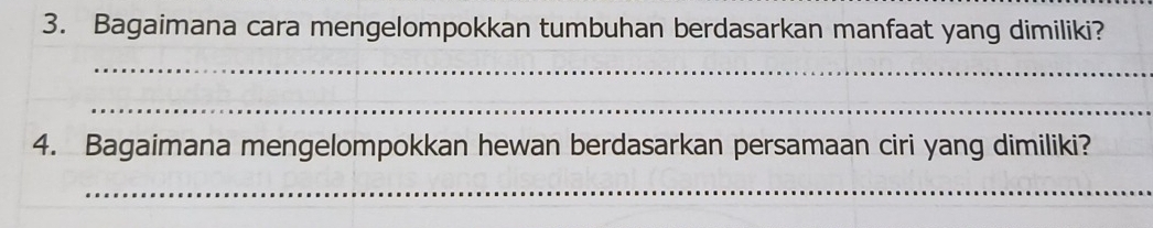 Bagaimana cara mengelompokkan tumbuhan berdasarkan manfaat yang dimiliki? 
_ 
_ 
4. Bagaimana mengelompokkan hewan berdasarkan persamaan ciri yang dimiliki? 
_