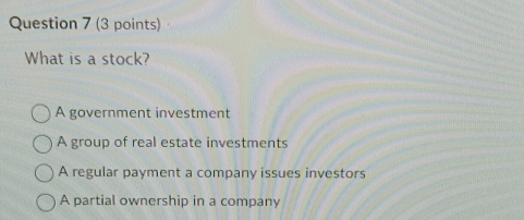 What is a stock?
A government investment
A group of real estate investments
A regular payment a company issues investors
A partial ownership in a company