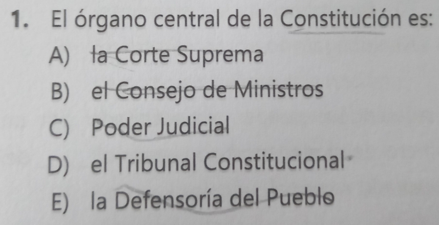 El órgano central de la Constitución es:
A) la Corte Suprema
B) el Consejo de Ministros
C) Poder Judicial
D) el Tribunal Constitucional
E) la Defensoría del Pueblo