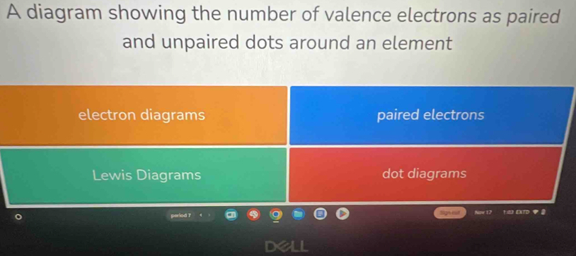 A diagram showing the number of valence electrons as paired 
and unpaired dots around an element 
electron diagrams paired electrons 
Lewis Diagrams dot diagrams 
period 7 gn cut Noe 17 ↑:2D EXTD a