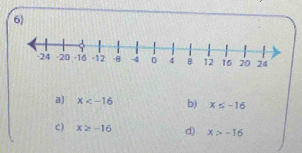 a) x
b) x≤ -16
C ) x≥ -16 d) x>-16