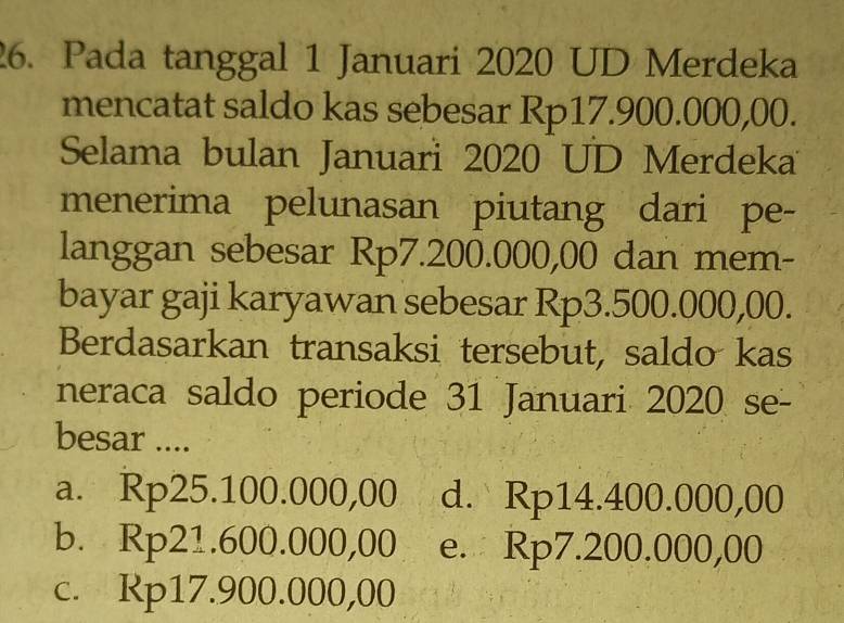 Pada tanggal 1 Januari 2020 UD Merdeka
mencatat saldo kas sebesar Rp17.900.000,00.
Selama bulan Januari 2020 UD Merdeka
menerima pelunasan piutang dari pe-
langgan sebesar Rp7.200.000,00 dan mem-
bayar gaji karyawan sebesar Rp3.500.000,00.
Berdasarkan transaksi tersebut, saldo kas
neraca saldo periode 31 Januari 2020 se-
besar ....
a. Rp25.100.000,00 d. Rp14.400.000,00
b. Rp21.600.000,00 e. Rp7.200.000,00
c. Rp17.900.000,00