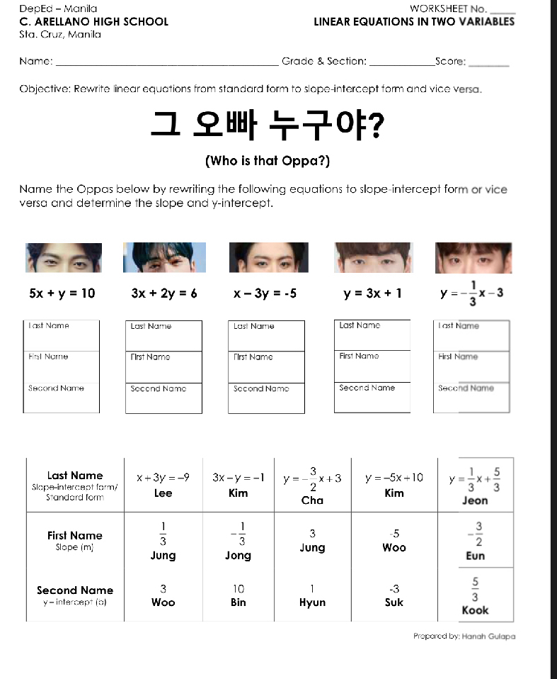 DepEd - Manila WORKSHEET No._
C. ARELLANO HIGH SCHOOL LINEAR EQUATIONS IN TWO VARIABLES
Sta. Cruz, Manila
Name: _Grade & Section: _Score_
Objective: Rewrite linear equations from standard form to slope-intercept form and vice versa.
ユ ♀ ?
(Who is that Oppa?)
Name the Oppas below by rewriting the following equations to slope-intercept form or vice
versa and determine the slope and y-intercept.
Prepared by: Hanah Gulapa