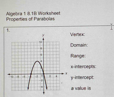 Algebra 1 8.1B Worksheet 
Properties of Parabolas 
1. 
Vertex: 
Domain: 
Range: 
x-intercepts: 
y-intercept: 
a value is