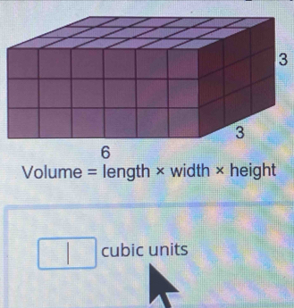 Volume = length × width × height 
cubic units