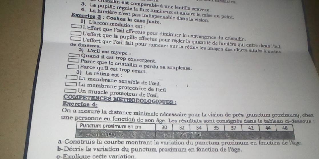 thexactes . 
Astallin est comparable à une lentille convexe 
3. La pupille régule le flux lumineux et assure la mise au point. 
4. La lumière n'est pas indispensable dans la vision. 
Exercice 3 : Cochez la case juste. 
1) L'accommodation est : 
L'effort que l'œil effectue pour diminuer la convergence du cristallin. 
L'effort que la pupille effectue pour régler la quantité de lumière qui entre dans l'œil. 
de 6métres. 
L'effort que l'œil fait pour ramener sur la rétine les images des objets situés à moins 
2) L'œil est myope : 
Quand il est trop convergent. 
Parce que le cristallin a perdu sa souplesse. 
Parce qu'il est trop court. 
3) La rétine est : 
La membrane sensible de lœil. 
La membrane protectrice de l'œil 
Un muscle protecteur de l'œil 
COMPETENCES METHODOLOGIOUES : 
Exercice 4: 
On a mesuré la distance minimale nécessaire pour la vision de prés (punctum proximum), chez 
une personne en fonc; 
a-Construis la courbe montrant la variation du punctum proximum en fonction de l'âge. 
b-Décris la variation du punctum proximum en fonction de l'âge. 
c-Explique cette variation.