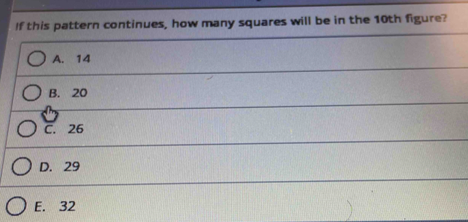 If this pattern continues, how many squares will be in the 10th figure?
E. 32