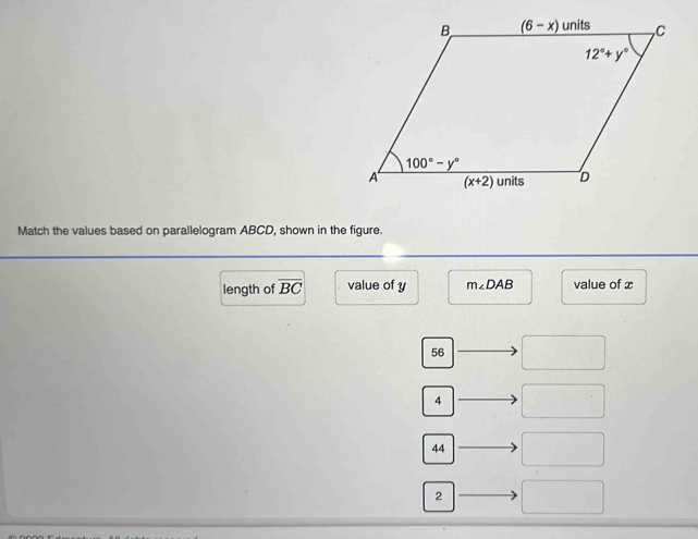 Match the values based on parallelogram ABCD, shown in the figure.
length of overline BC value of y m∠ DAB value of x
56
4
44 _ 
2^^circ 