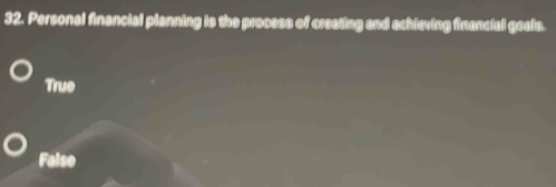 Personal financial planning is the process of creating and achieving financial gealn.
True
Falso