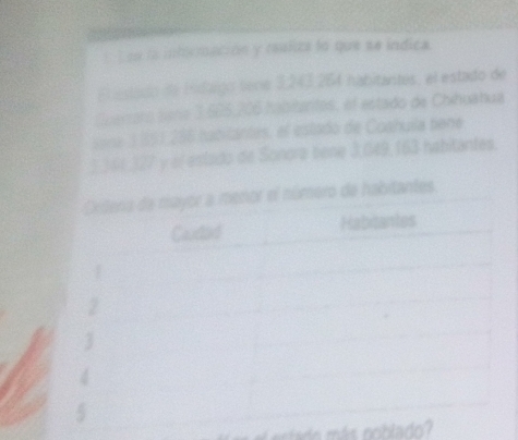 on la intirmación y csaliza la que se índica 
E estado da isdago tene 3,243 264 habitantes, el estado de 
Guerraro Saño 3 605, 206 habitantes, el estado de Chihuahua 
Sora 1 851 286 habitantes, el estado de Coahula bene
$,361,327 y el estado de Sonora bene 3,649, 163 habitantes. 
Oxidera de mayor a menor el número de habitantes 
Caudad Habitantes
2
3
4
5