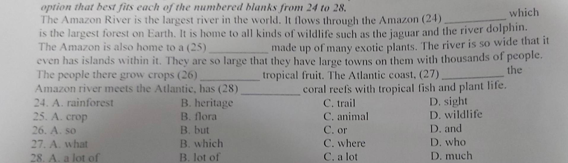 option that best fits each of the numbered blanks from 24 to 28.
The Amazon River is the largest river in the world. It flows through the Amazon (24) _which
is the largest forest on Earth. It is home to all kinds of wildlife such as the jaguar and the river dolphin.
The Amazon is also home to a (25) _made up of many exotic plants. The river is so wide that it
even has islands within it. They are so large that they have large towns on them with thousands of people.
The people there grow crops (26) _tropical fruit. The Atlantic coast, (27)_
the
Amazon river meets the Atlantic, has (28) _coral reefs with tropical fish and plant life.
24. A. rainforest B. heritage C. trail D. sight
25. A. crop B. flora C. animal D. wildlife
26. A. so B. but C. or D. and
27. A. what B. which C. where D. who
28. A. a lot of B. lot of C. a lot D. much