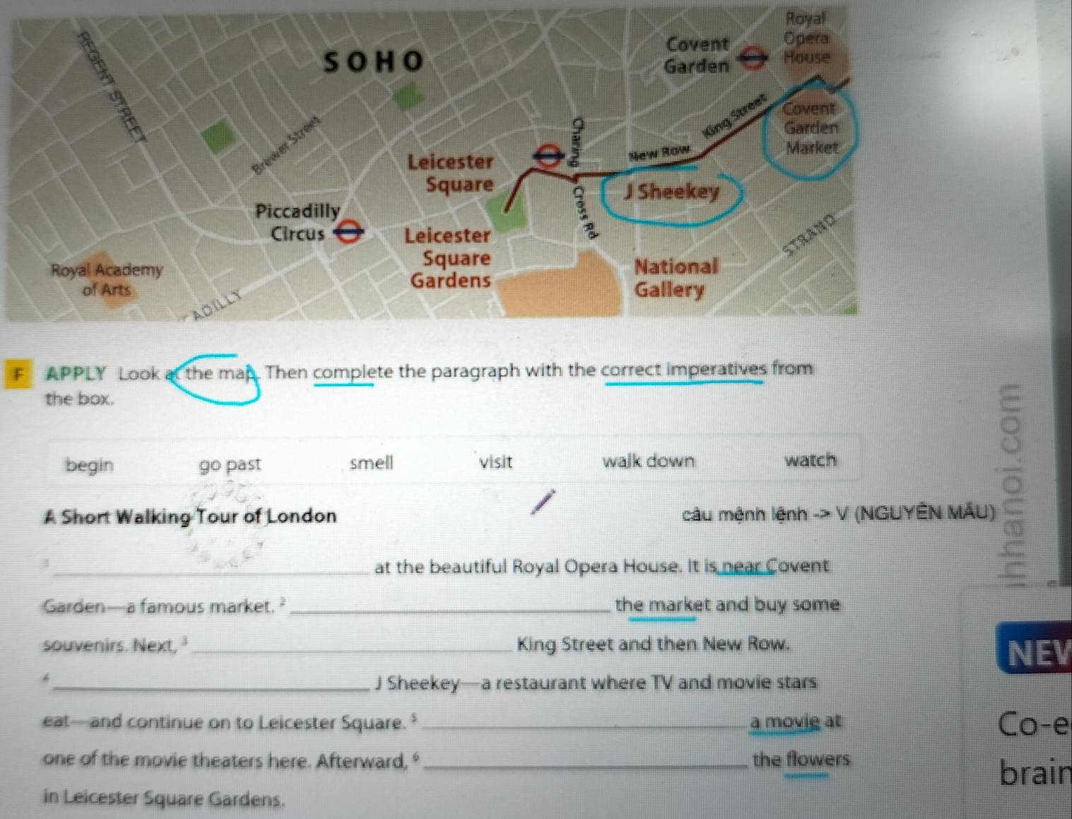 Royal
F APPLY Look at the man. Then complete the paragraph with the correct imperatives from
the box.
begin go past smell visit walk down watch
A Short Walking Tour of London cầu mệnh lệnh -> V (NGUYÊN MÁU)
_at the beautiful Royal Opera House. It is near Covent
。
Garden—a famous market. ? _the market and buy some
souvenirs. Next, _King Street and then New Row.
NEV
_J Sheekey—a restaurant where TV and movie stars
eat—and continue on to Leicester Square. _a movie at Co-e
one of the movie theaters here. Afterward, "_ the flowers
brain
in Leicester Square Gardens.