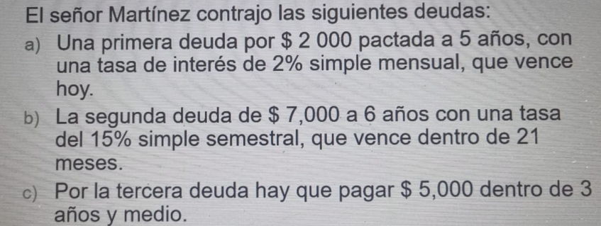 El señor Martínez contrajo las siguientes deudas: 
a) Una primera deuda por $ 2 000 pactada a 5 años, con 
una tasa de interés de 2% simple mensual, que vence 
hoy. 
b) La segunda deuda de $ 7,000 a 6 años con una tasa 
del 15% simple semestral, que vence dentro de 21
meses. 
c) Por la tercera deuda hay que pagar $ 5,000 dentro de 3
años y medio.