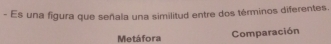 Es una figura que señala una similitud entre dos términos diferentes. 
Metáfora Comparación