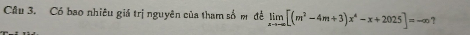 Có bao nhiêu giá trị nguyên của tham số m đề limlimits _xto -∈fty [(m^2-4m+3)x^4-x+2025]=-∈fty ？