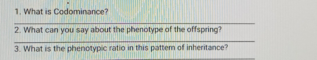 What is Codominance? 
_ 
2. What can you say about the phenotype of the offspring? 
_ 
3. What is the phenotypic ratio in this pattern of inheritance? 
_