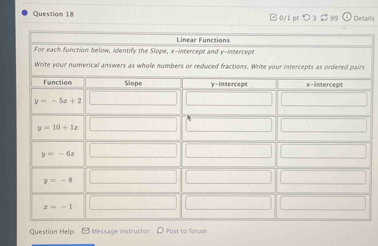 □ 0/1 pt つ 3 ⇄ 99 ⓘ Details
Linear Functions
For each function below, identify the Slope, x-intercept and y-intercept
Question Help: Message instructor Post to forum