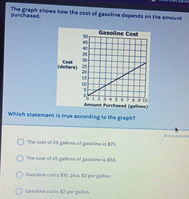 The graph shows how the cost of gasoline depends on the amount
purchased.
Cost 
(dollars)
Amount Purchased (gallons)
Which statement is true according to the graph?
19 af 24 QUESTIO
The cost of 25 gallons of gasoline is $75.
The cost of 25 gallons of gasoline is $55.
Gasoline costs $10, plus $2 per gallon.
Gasoline costs $2 per gallon.