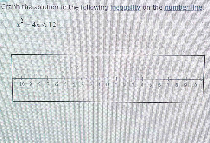 Graph the solution to the following inequality on the number line.
x^2-4x<12</tex>