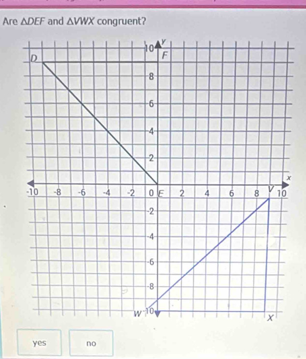 Are △ DEF and △ VWX congruent?
yes no