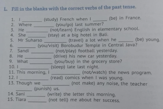 Fill in the blanks with the correct verbs of the past tense. 
1. I _(study) French when I _(be) in France. 
2. Where _(you/go) last summer? 
3. He _(not/learn) English in elementary school. 
4. She _(stay) at a big hotel in Bali. 
5. Mr Suharso _(travel) a lot when he _(be) young. 
6. _(you/visit) Borobudur Temple in Central Java? 
7. Sandi _(not/play) football yesterday. 
8. He _(drive) his new car yesterday. 
9. What _(you/buy) in the grocery store? 
10. I _(sleep) late last night. 
11. This morning, I _(not/watch) the news program. 
12. I _(read) comics when I was young. 
13. Though we _(not make) any noise, the teacher 
_(punish) us. 
14. Sani _(write) the letter this morning. 
15. Tiara _(not tell) me about her success.