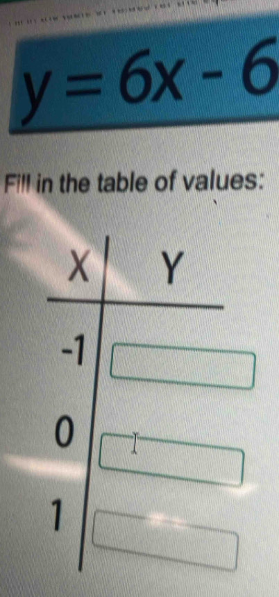 y=6x-6
Fill in the table of values: