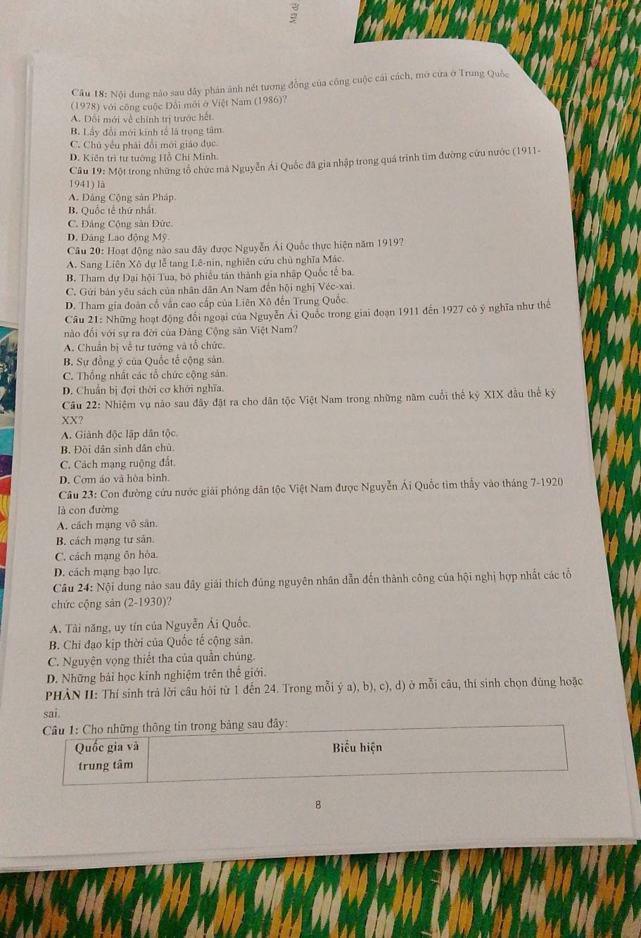 Nội đung nào sau đây phán ảnh nét tương đồng của công cuộc cái cách, mở cửa ở Trung Quốc
(1978) với công cuộc Dôi mới ở Việt Nam (1986)?
A. Đỗi mới về chính trị trước hết.
B. Lấy đổi mới kinh tể là trọng tâm.
C. Chủ yếu phải đổi mới giáo dục.
D. Kiên trì tư tướng Hồ Chí Minh.
Câu 19: Một trong những tổ chức mà Nguyễn Ái Quốc đã gia nhập trong quá trình tìm đường cứu nước (1911-
1941) là
A. Dảng Cộng sản Pháp.
B. Quốc tế thứ nhất
C. Đảng Cộng sản Đức.
D. Đảng Lao động Mỹ
Câu 20: Hoạt động nào sau đây được Nguyễn Ái Quốc thực hiện năm 1919?
A. Sang Liên Xô dự lễ tang Lê-nin, nghiên cứu chủ nghĩa Mác.
B. Tham dự Đại hội Tua, bỏ phiếu tán thành gia nhập Quốc tế ba.
C. Gửi bản yêu sách của nhân dân An Nam đến hội nghị Véc-xai.
D. Tham gia đoàn cố vấn cao cấp của Liên Xô đến Trung Quốc.
Câu 21: Những hoạt động đối ngoại của Nguyễn Ái Quốc trong giai đoạn 1911 đến 1927 có ý nghĩa như thế
nào đối với sự ra đời của Đảng Cộng sản Việt Nam?
A. Chuẩn bị về tư tưởng và tổ chức.
B. Sự đồng ý của Quốc tế cộng sản.
C. Thống nhất các tổ chức cộng sản.
D. Chuẩn bị đợi thời cơ khởi nghĩa.
Câu 22: Nhiệm vụ nào sau đây đặt ra cho dân tộc Việt Nam trong những năm cuối thế kỷ XIX đầu thế kỷ
XX?
A. Giành độc lập dân tộc.
B. Đòi dân sinh dân chủ.
C. Cách mạng ruộng đất.
D. Cơm áo và hỏa bình.
Câu 23: Con đường cứu nước giải phóng dân tộc Việt Nam được Nguyễn Ái Quốc tìm thấy vào tháng 7-1920
là con đường
A. cách mạng vô sân,
B. cách mạng tư sản.
C. cách mạng ôn hòa.
D. cách mạng bạo lực.
Câu 24: Nội dung nào sau đây giải thích đúng nguyên nhân dẫn đến thành công của hội nghị hợp nhất các tổ
chức cộng sản (2-1930)?
A. Tài năng, uy tín của Nguyễn Ái Quốc.
B. Chỉ đạo kịp thời của Quốc tế cộng sản.
C. Nguyện vọng thiết tha của quần chúng.
D. Những bải học kinh nghiệm trên thế giới.
PHẢN II: Thí sinh trà lời câu hỏi từ 1 đến 24. Trong mỗi ý a), b), c), d) ở mỗi câu, thí sinh chọn đúng hoặc
sai.
Câu 1: Cho những thông tin trong bảng sau đây:
Quốc gia và Biểu hiện
trung tâm
8