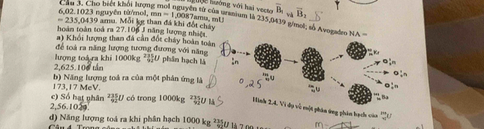 Cầu 3. Cho biết khổi lượng overline B_1 và vector B_2
hưưộê hướng với hai vecto
6,02.1023 nguyên tử/mol, mn nn=1,0087amu, m uranium là 235,0439 g/mol; số Avogadro
=235,0439ar nu. Mỗi kg than đá khi đốt cháy NA=
hoàn toàn toả ra 27.106 J năng lượng nhiệt. 
a) Khối lượng than đá cần đốt cháy hoàn toàn 
để toả ra năng lượng tương đương với năng 
lượng toả ra khi 1000kg^(235)_92 U phân hạch là àn
2,625.106 tần 
in 
b) Năng lượng toả ra của một phản ứng là
173,17 MeV.
5!
B、 
c) Số hạt nhân _(92)^(235)U có trong 1000kg _(92)^(235)U 13 Hình 2.4. Vi dụ về một phân ứng phân hạch của beginarrayr 212^219t
2,56.1024. 
d) Năng lượng toả ra khi phân hạch 1000kg^(235)_92U
Câu 4 Trọn