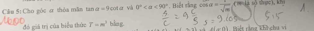 Cho góc α thỏa mãn tan alpha =9cot alpha và 0° <90°. Biết rằng cos alpha = 1/sqrt(m)  (m là số thực), khi 
đó giá trị của biều thức T=m^3 bằng. 
2.2) yà 4(a:0) Biết rằng khi chu vi