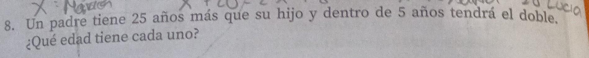Un padre tiene 25 años más que su hijo y dentro de 5 años tendrá el doble. 
¿Qué edad tiene cada uno?