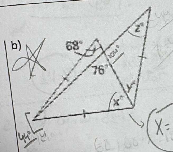 z°
b)
68° 104°
76°
y°
x°