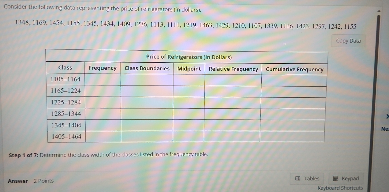 Consider the following data representing the price of refrigerators (in dollars).
1348, 1169, 1454, 1155, 1345, 1434, 1409, 1276, 1113, 1111, 1219, 1463, 1429, 1210, 1107, 1339, 1116, 1423, 1297, 1242, 1155
Copy Data 
Ne 
Step 1 of 7: Determine the class width of the classes listed in the frequency table. 
Answer 2 Points 
Tables Keypad 
Keyboard Shortcuts