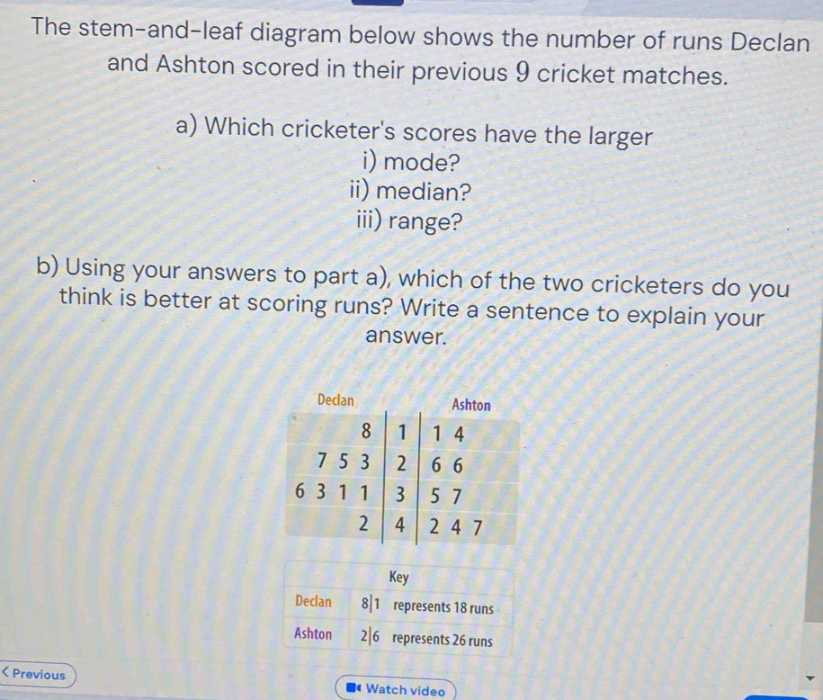 The stem-and-leaf diagram below shows the number of runs Declan 
and Ashton scored in their previous 9 cricket matches. 
a) Which cricketer's scores have the larger 
i) mode? 
ii) median? 
iii) range? 
b) Using your answers to part a), which of the two cricketers do you 
think is better at scoring runs? Write a sentence to explain your 
answer. 
< Previous Watch video