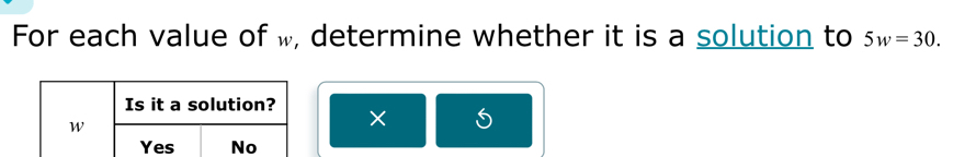 For each value of w, determine whether it is a solution to 5w=30. 
×