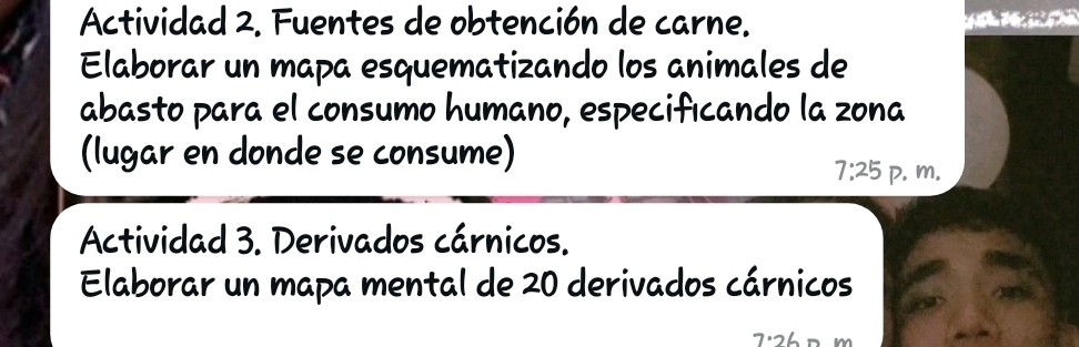 Actividad 2. Fuentes de obtención de carne. 
Elaborar un mapa esquematizando los animales de 
abasto para el consumo humano, especificando la zona 
(lugar en donde se consume)
7:25 P. m. 
Actividad 3. Derivados cárnicos. 
Elaborar un mapa mental de 20 derivados cárnicos
7· 26