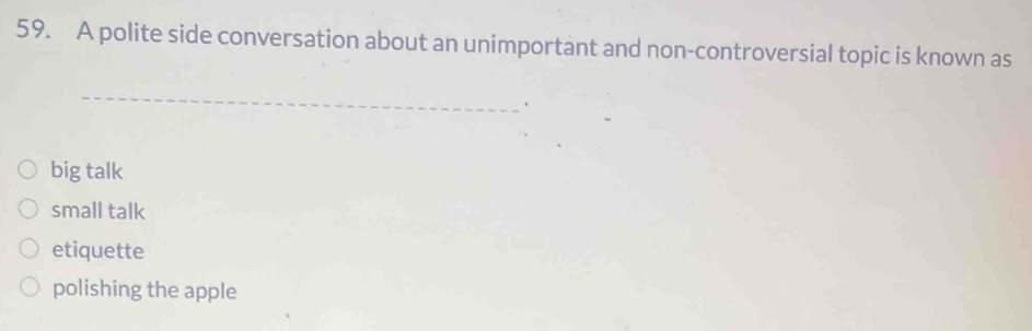 A polite side conversation about an unimportant and non-controversial topic is known as
_
.
big talk
small talk
etiquette
polishing the apple