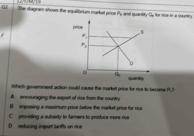 12/F/M/19
Q2 The diagram shows the equilibrium market price P_E and quantity Q_e for rice in a country.
Which government action could cause the market price for rice to become P_1
A encouraging the export of rice from the country
B imposing a maximum price below the market price for rice
C  providing a subsidy to farmers to produce more rice
D reducing import tariffs on rice