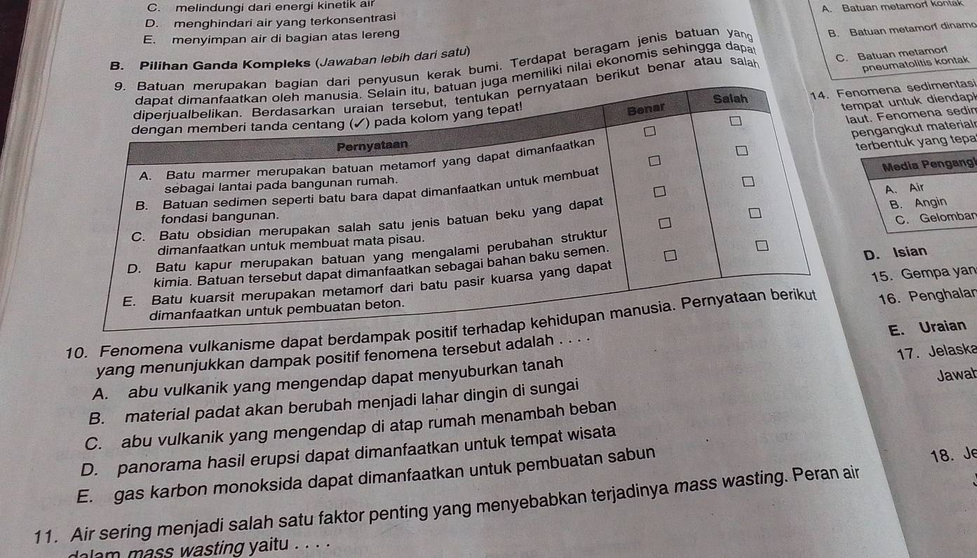 C. melindungi dari energi kinetik air
A. Batuan metamorf konlak
D. menghindari air yang terkonsentrasi
E. menyimpan air di bagian atas lereng
B. Pilihan Ganda Kompleks (Jawaban lebih dari satu)
kerak bumi. Terdapat beragam jenis batuan yang
B. Batuan metamorf dinamo
pneumatolitis kontak
emiliki nilai ekonomis sehingga dapa
erikut benar atau salah C. Batuan metamorf
omena sedimentasi
mpat untuk diendapk
ut. Fenomena sedin
engangkut materialr
yang tepa
!
n
D. Isian
15. Gempa yan
10. Fenomena vulkanisme dapat berdampak p16. Penghalan
E. Uraian
17. Jelaska
yang menunjukkan dampak positif fenomena tersebut adalah . . . .
A. abu vulkanik yang mengendap dapat menyuburkan tanah
B. material padat akan berubah menjadi lahar dingin di sungai Jawat
C. abu vulkanik yang mengendap di atap rumah menambah beban
D. panorama hasil erupsi dapat dimanfaatkan untuk tempat wisata
E. gas karbon monoksida dapat dimanfaatkan untuk pembuatan sabun
18. Je
11. Air sering menjadi salah satu faktor penting yang menyebabkan terjadinya mass wasting. Peran air
lam mass wasting yaitu . .. .