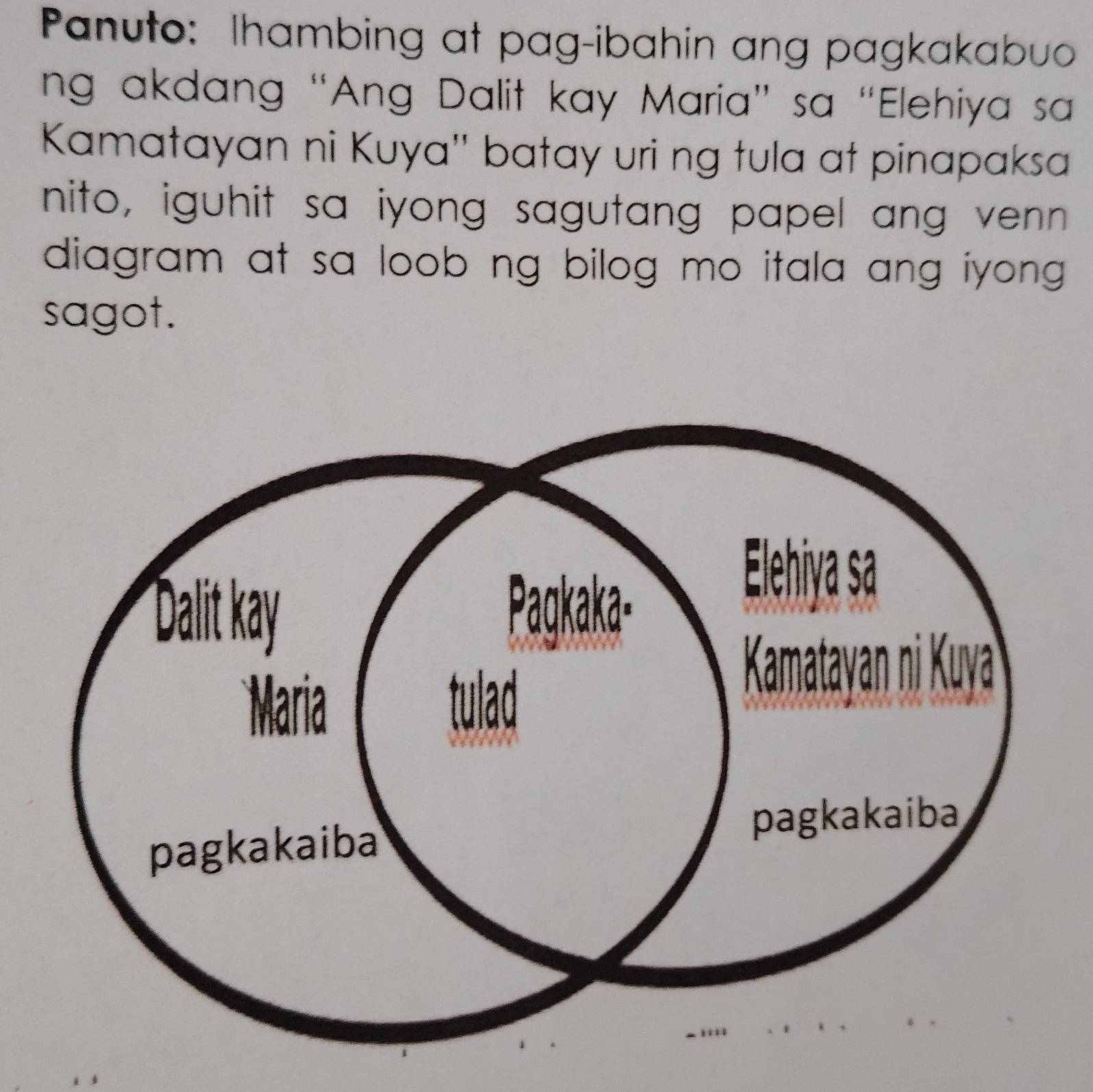 Panuto: Ihambing at pag-ibahin ang pagkakabuo 
ng akdang “Ang Dalit kay Maria” sa “Elehiya sa 
Kamatayan ni Kuya'' batay uri ng tula at pinapaksa 
nito, iguhit sa iyong sagutang papel ang venn 
diagram at sa loob ng bilog mo itala ang iyong . 
sagot.