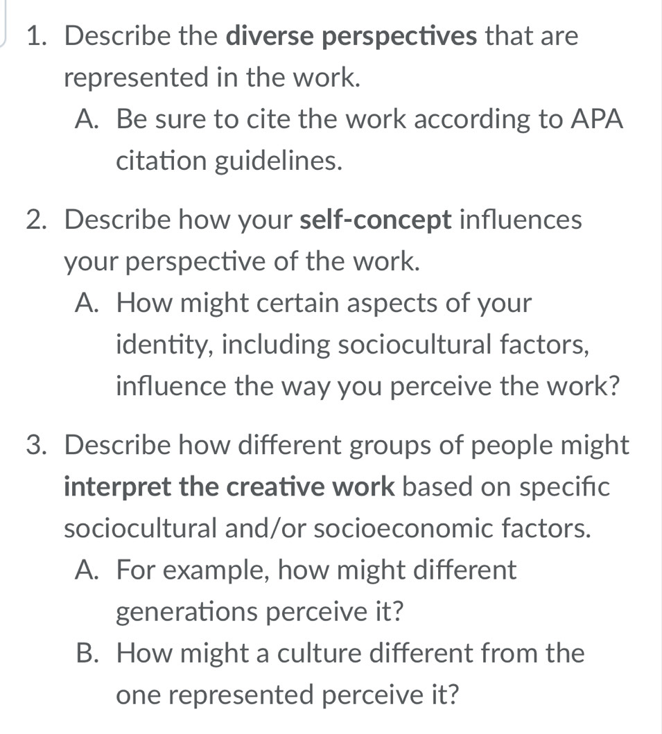 Solved: Describe the diverse perspectives that are represented in the ...