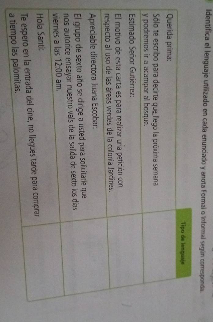 Identifica el lenguaje utilizado en cada enunciado y anota Formal o Informal según corresponda.