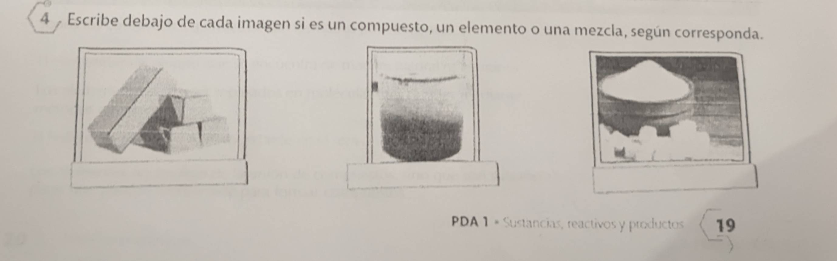 Escribe debajo de cada imagen si es un compuesto, un elemento o una mezcla, según corresponda. 
PDA 1 × Sustancias, reactivos y productos 19