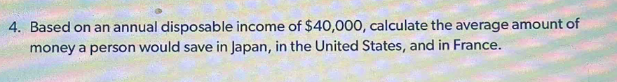 Based on an annual disposable income of $40,000, calculate the average amount of 
money a person would save in Japan, in the United States, and in France.