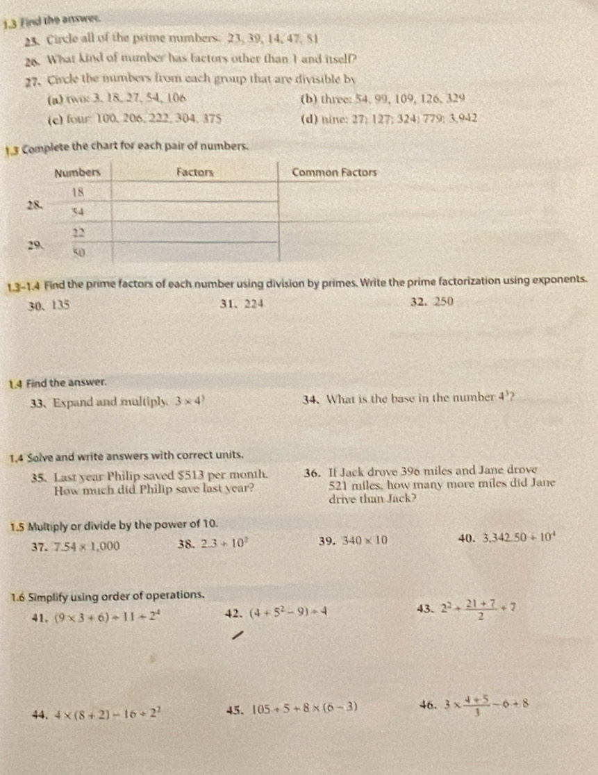 1.3 Find the answer.
23. Circle all of the prime numbers. 23, 39, 14, 47, 51
26. What kind of mumber has factors other than I and itself?
27. Circle the numbers from each group that are divisible by
(a) two: 3. 18, 27, 54, 106 (b) three: 54, 99, 109, 126, 329
(c) four: 100, 206, 222, 304, 375 (d) nine: 27; 127; 324; 779; 3.942
1.3 Complete the chart for each pair of numbers.
1.3-1.4 Find the prime factors of each number using division by primes. Write the prime factorization using exponents.
30、 135 31、 224 32. 250
1.4 Find the answer.
33、 Expand and multiply. 3* 4^3 34. What is the base in the number 4^3 )
1,4 Solve and write answers with correct units.
35. Last year Philip saved $513 per month. 36. If Jack drove 396 miles and Jane drove
How much did Philip save last year? 521 miles, how many more miles did Jane
drive than Jack?
1.5 Multiply or divide by the power of 10.
37. 7.54* 1,000 38. 2.3+10^2 39. 340* 10 40. 3,342.50+10^4
1.6 Simplify using order of operations.
41. (9* 3+6)/ 11+2^4 42. (4+5^2-9)/ 4 43. 2^2+ (21+7)/2 +7
44, 4* (8+2)-16/ 2^2 45. 105+5+8* (6-3) 46. 3*  (4+5)/3 -6+8