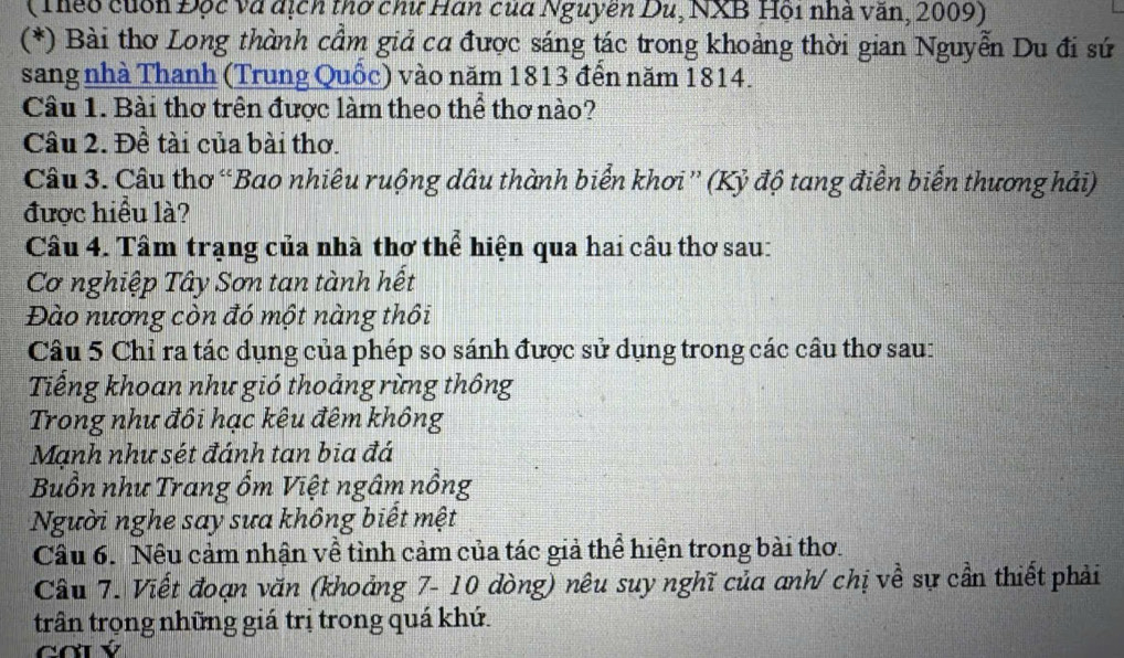 (Theo cuốn Độc và dịch thờ chư Hán của Nguyên Du, NXB Hội nhà văn, 2009) 
(*) Bài thơ Long thành cầm giả ca được sáng tác trong khoảng thời gian Nguyễn Du đi sứ 
sang nhà Thanh (Trung Quốc) vào năm 1813 đến năm 1814. 
Câu 1. Bài thơ trên được làm theo thể thơ nào? 
Câu 2. Đề tài của bài thơ. 
Câu 3. Câu thơ “Bao nhiêu ruộng dâu thành biển khơi” (Kỷ độ tang điền biến thương hải) 
được hiểu là? 
Câu 4. Tâm trạng của nhà thơ thể hiện qua hai câu thơ sau: 
Cơ nghiệp Tây Sơn tan tành hết 
Đào nương còn đó một nàng thôi 
Câu 5 Chỉ ra tác dụng của phép so sánh được sử dụng trong các câu thơ sau: 
Tiếng khoan như gió thoảng rừng thông 
Trong như đôi hạc kêu đêm không 
Mạnh như sét đánh tan bia đá 
Buồn như Trang ổm Việt ngâm nồng 
Người nghe say sựa không biết mệt 
Câu 6. Nêu cảm nhận về tình cảm của tác giả thể hiện trong bài thơ. 
Câu 7. Viết đoạn văn (khoảng 7- 10 dòng) nêu suy nghĩ của anh/ chị về sự cần thiết phải 
trần trọng những giá trị trong quá khứ.