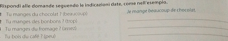 Rispondi alle domande seguendo le indicazioni date, come nell’esempio. 
Tu manges du chocolat ? (beaucoup) Je mange beaucoup de chocolat. 
Tu manges des bonbons ? (trop) 
_ 
Tu manges du fromage ? (assez) 
_ 
Tu bois du café ? (peu) 
_