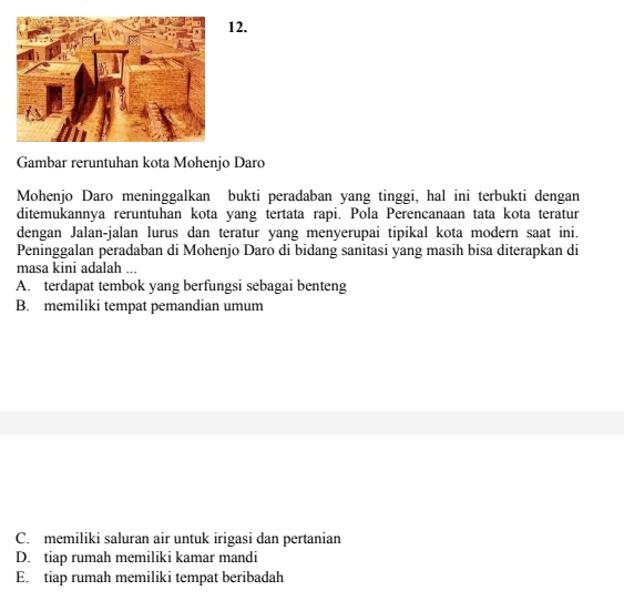 Gambar reruntuhan kota Mohenjo Daro
Mohenjo Daro meninggalkan bukti peradaban yang tinggi, hal ini terbukti dengan
ditemukannya reruntuhan kota yang tertata rapi. Pola Perencanaan tata kota teratur
dengan Jalan-jalan lurus dan teratur yang menyerupai tipikal kota modern saat ini.
Peninggalan peradaban di Mohenjo Daro di bidang sanitasi yang masih bisa diterapkan di
masa kini adalah ...
A. terdapat tembok yang berfungsi sebagai benteng
B. memiliki tempat pemandian umum
C. memiliki saluran air untuk irigasi dan pertanian
D. tiap rumah memiliki kamar mandi
E. tiap rumah memiliki tempat beribadah